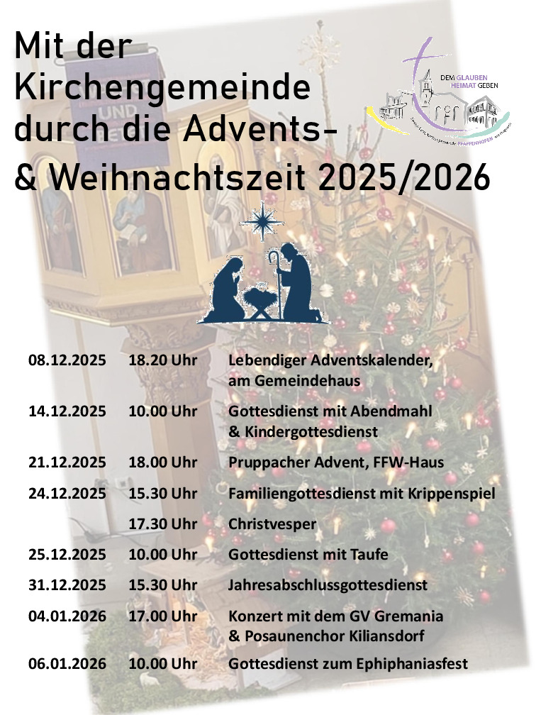 Plaket mit den Gottesdienstterminen in der Weihnachtszeit 2025/2026, für Textform das Plakat herunterladen über den Link