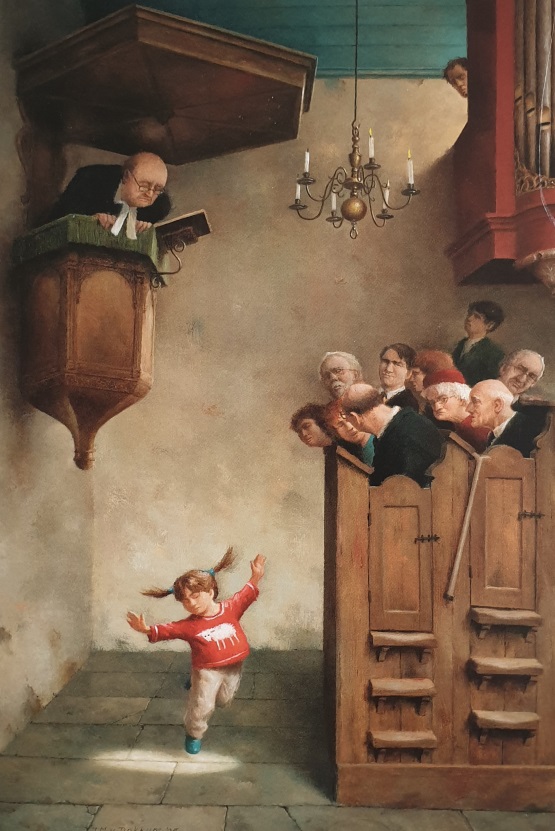 Dansje in de kerk / Dancing in the church
Von Marius van Dokkum
Holland 2005 Öl auf Holz 65 x 45 cm